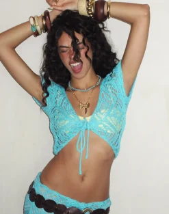 Mirea Shrug Top in Crochet Knit Aqua Sky