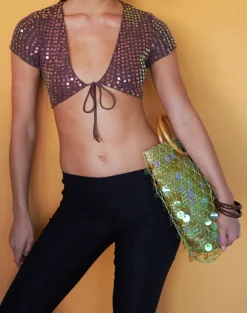 Mirea Shrug Top in Sequin Knit Dark Brown