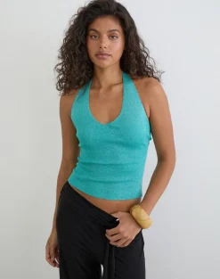 Mirelda Halterneck Top in Lurex Blue
