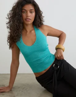 Mirelda Halterneck Top in Lurex Blue