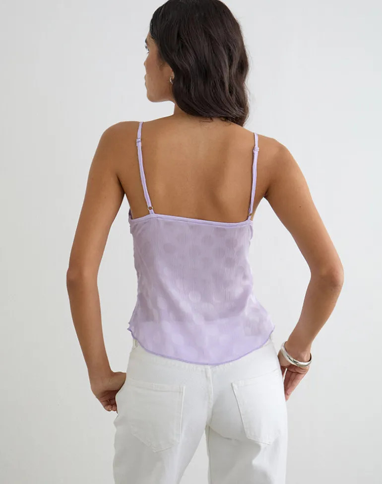 Mirelle Handkerchief Cami Top in Chiffon Lilac Polka Dot