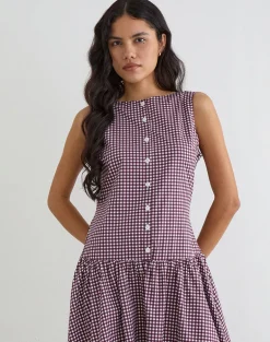 Miriam Midi Dress in Mini Gingham Wine