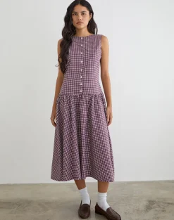 Miriam Midi Dress in Mini Gingham Wine