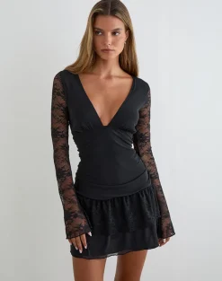 Mishal Long Sleeve Plunge Mini Dress in Lace Black