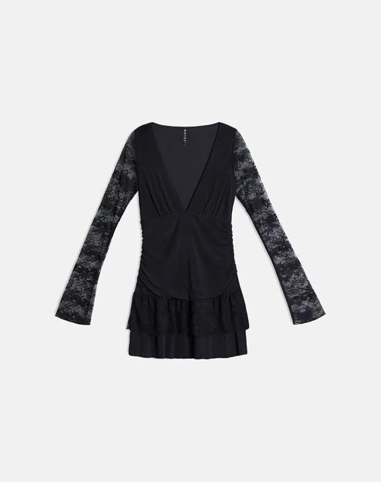 Mishal Long Sleeve Plunge Mini Dress in Lace Black