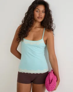 Mishti Cami Top with Lace Trim in Aqua