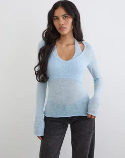 Misora Long Sleeve Top in Sheer Knit Blue