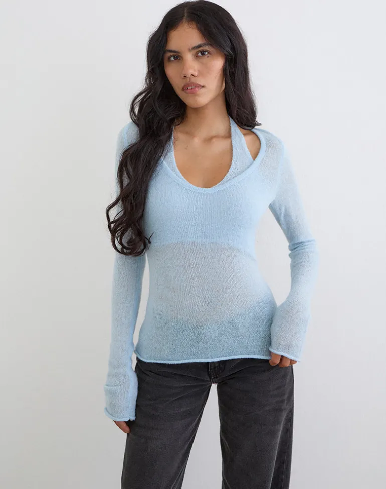 Misora Long Sleeve Top in Sheer Knit Blue