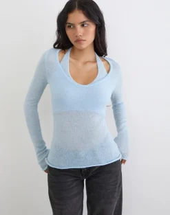 Misora Long Sleeve Top in Sheer Knit Blue