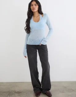 Misora Long Sleeve Top in Sheer Knit Blue