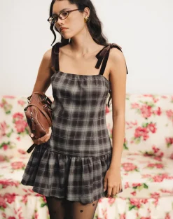 Miyori Square Neck Mini Dress in Grey Check