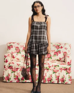 Miyori Square Neck Mini Dress in Grey Check