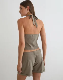 Miyuki Tie Front Halterneck Top in Tailoring Dark Beige