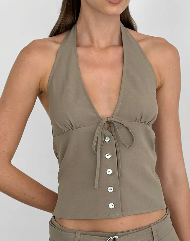 Miyuki Tie Front Halterneck Top in Tailoring Dark Beige