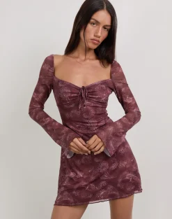 Modena Long Sleeve Mini Dress in Tonal Paisley Plum