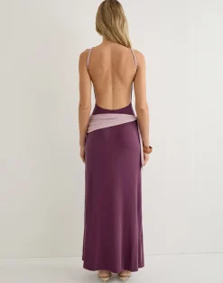 Moisa Maxi Dress in Cupro Deep Purple and Dusty Pink