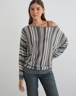 Monara Off Shoulder Knit Top in Big Stripe Grey