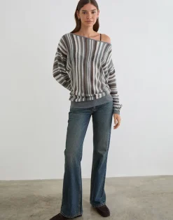 Monara Off Shoulder Knit Top in Big Stripe Grey