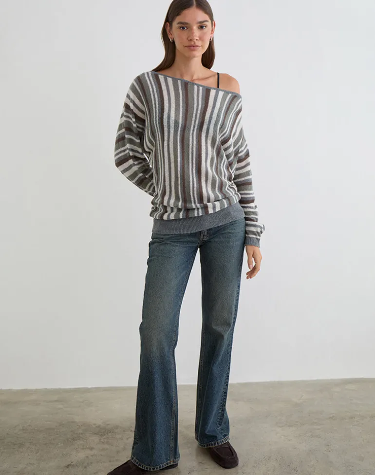 Monara Off Shoulder Knit Top in Big Stripe Grey