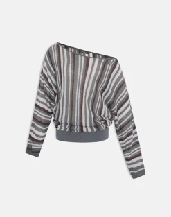 Monara Off Shoulder Knit Top in Big Stripe Grey