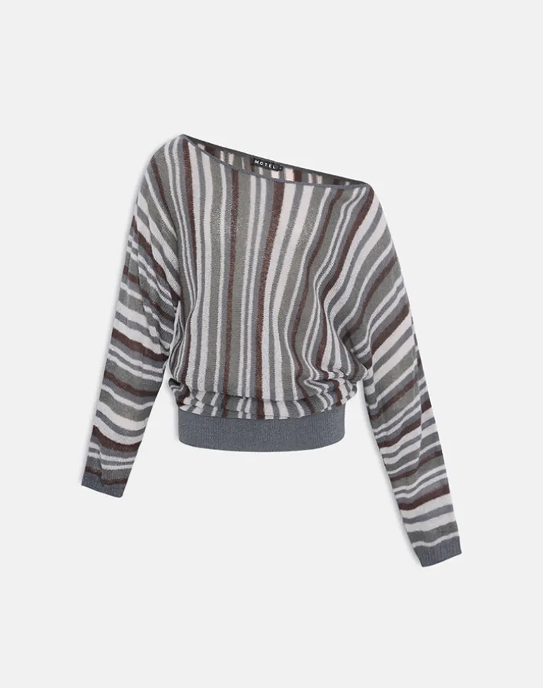 Monara Off Shoulder Knit Top in Big Stripe Grey