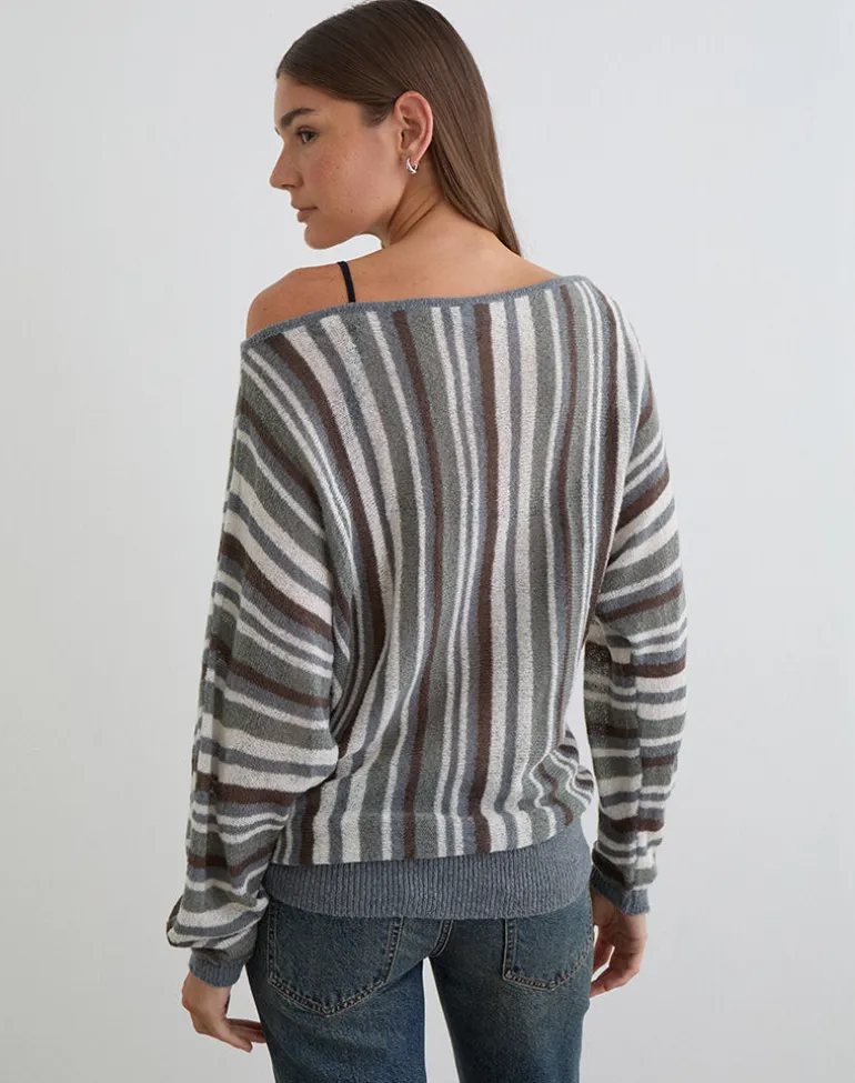 Monara Off Shoulder Knit Top in Big Stripe Grey