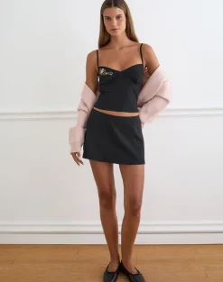 Morty Cami Top in Black with Swirly Floral Embroidery