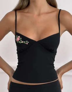 Morty Cami Top in Black with Swirly Floral Embroidery