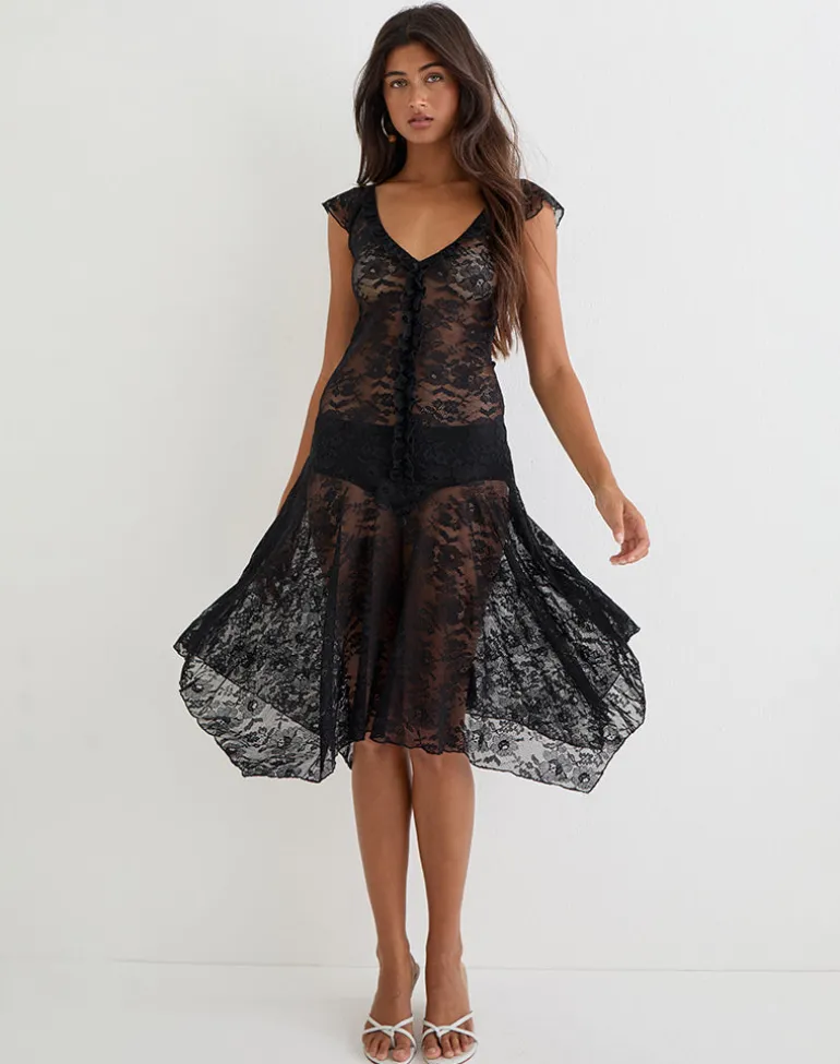Moselle Drop Waist Midi Dress in Lace Black