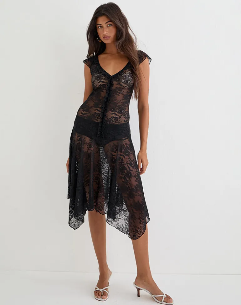 Moselle Drop Waist Midi Dress in Lace Black