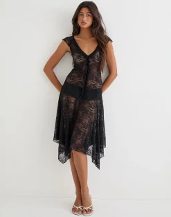 Moselle Drop Waist Midi Dress in Lace Black
