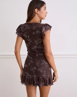 Motarika Mini Dress in Doodle Flower Flock Brown
