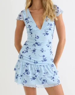 Mowgli Cap Sleeve Mini Dress in Thin Leafy Blue