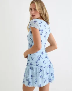 Mowgli Cap Sleeve Mini Dress in Thin Leafy Blue