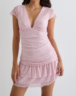 Mowgli Cap Sleeve Mini Dress in Baby Pink with Micro Polka Black