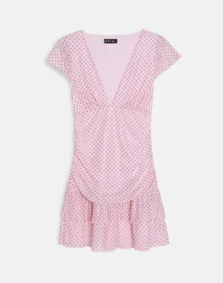 Mowgli Cap Sleeve Mini Dress in Baby Pink with Micro Polka Black