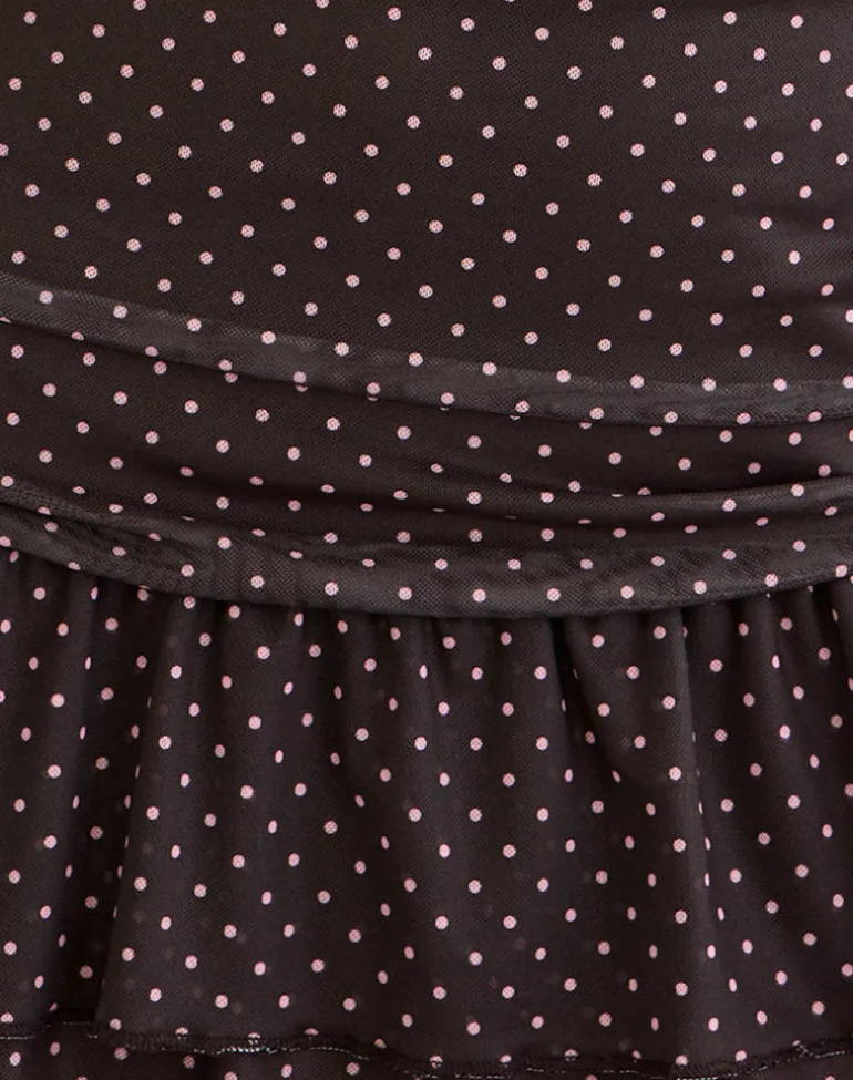 Mowgli Cap Sleeve Mini Dress in Brown with Micro Polka Pink Print