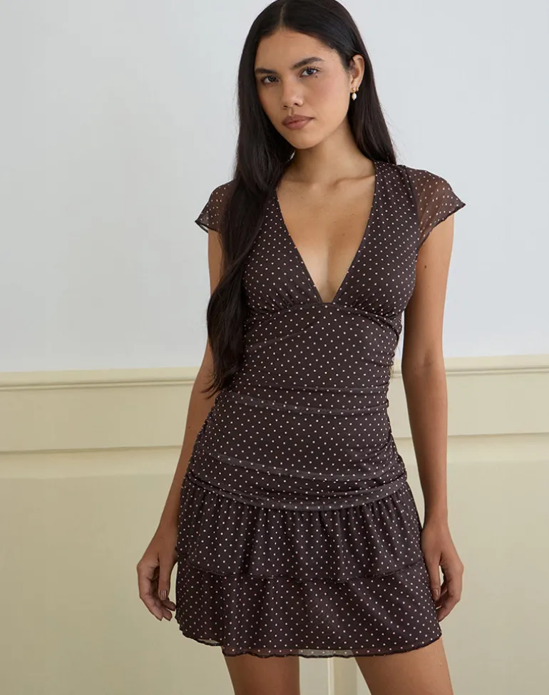 Mowgli Cap Sleeve Mini Dress in Brown with Micro Polka Pink Print