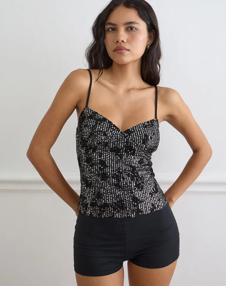 Mulya Cami Top in Floral Sequin Black