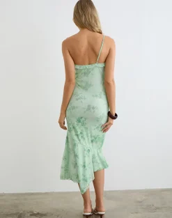 Mumun One Shoulder Asymmetric Midi Dress in Turquoise