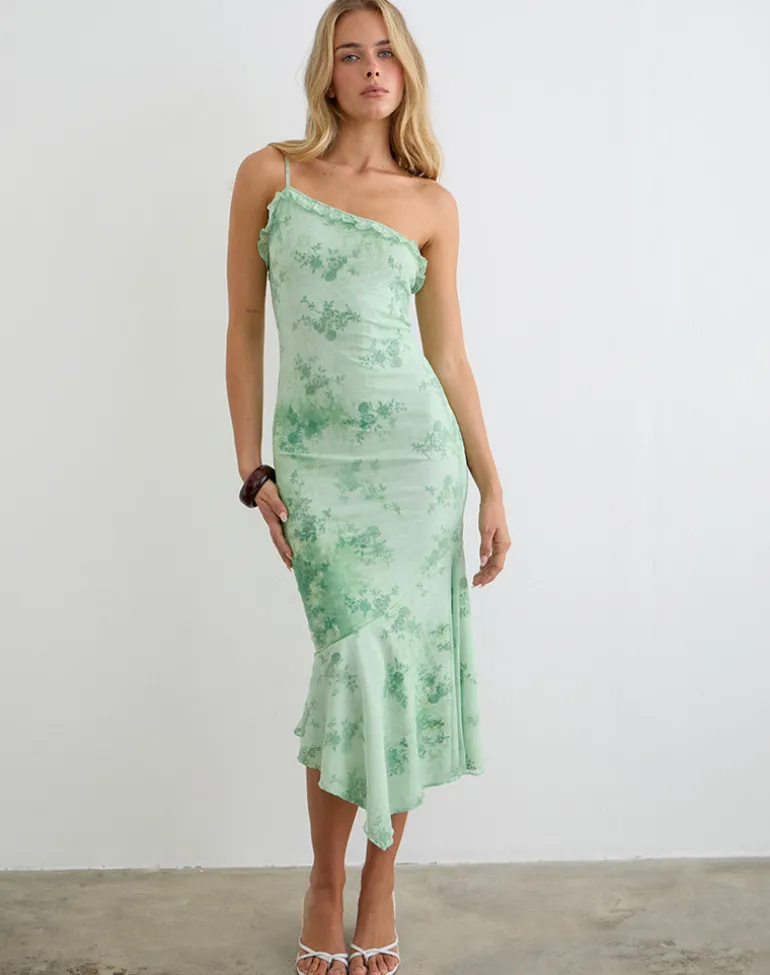 Mumun One Shoulder Asymmetric Midi Dress in Turquoise