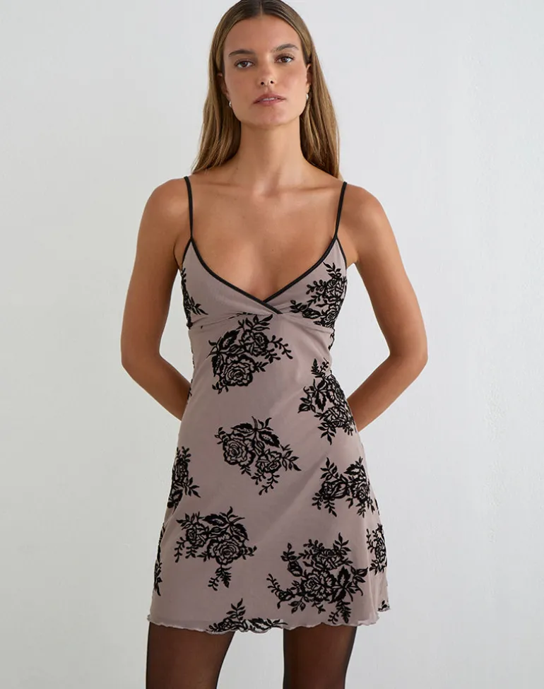 Musetti Mini Dress in Taupe Grey with Bold Floral Flock