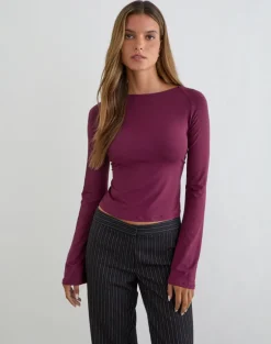 Muzan Long Sleeve Top in Ribbed Jersey Deep Purple
