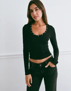 Myoga Studded Scoop Long Sleeve Top in Black
