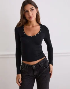 Myoga Studded Scoop Long Sleeve Top in Black