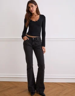 Myoga Studded Scoop Long Sleeve Top in Black