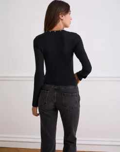Myoga Studded Scoop Long Sleeve Top in Black