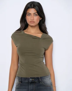 Nadja Gathered Neck Top in Cupro Khaki