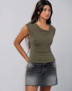 Nadja Gathered Neck Top in Cupro Khaki