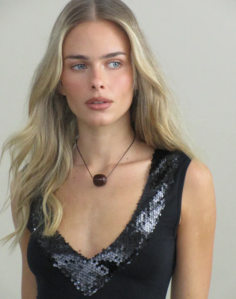 Nahia Top with Sequin Trim in Cupro Black